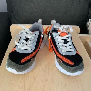 Friendly size 11. Kids Black, Orange, and Gray Sneakers, Adaptive Footwear